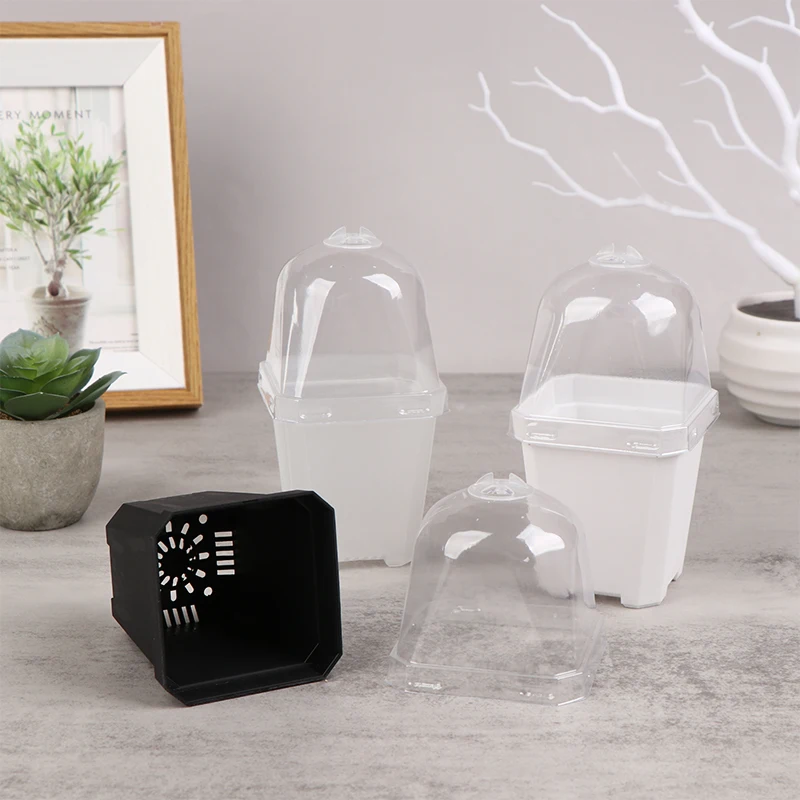 5Pcs Square Small Flower Pot Nursery Pot With Humidity Dome Transparent Gardening Pot Square Flower Starting Pots