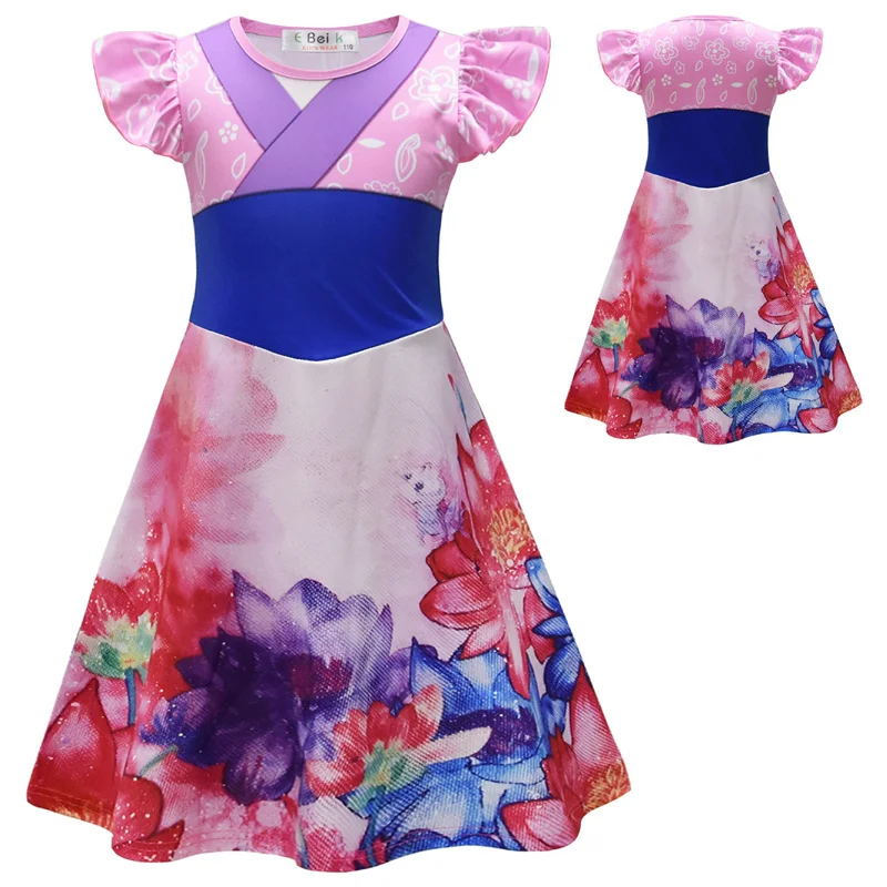 Fashion Mulan Princess Cosplay Dress Children Kids Flying Sleeve Party Dress Baby Girls Vestidos Costume Casual 2-9Y