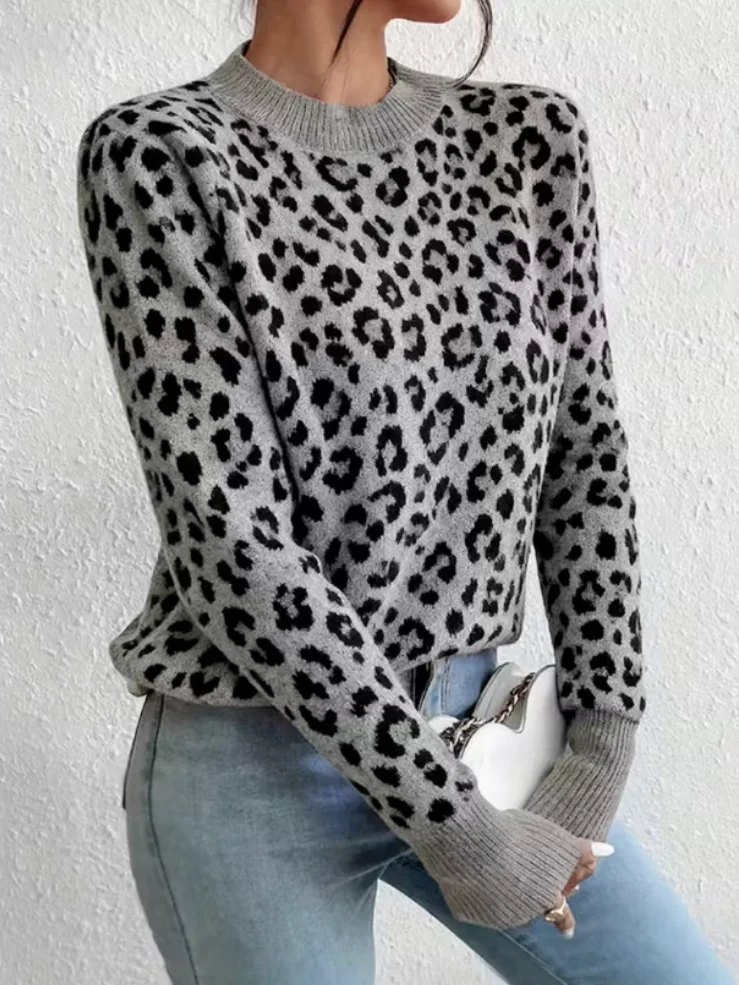 Leopard Pattern Sweaters Ladies Elegant Versatile Leopard Print Warm Knitwear Spring Autumn ...