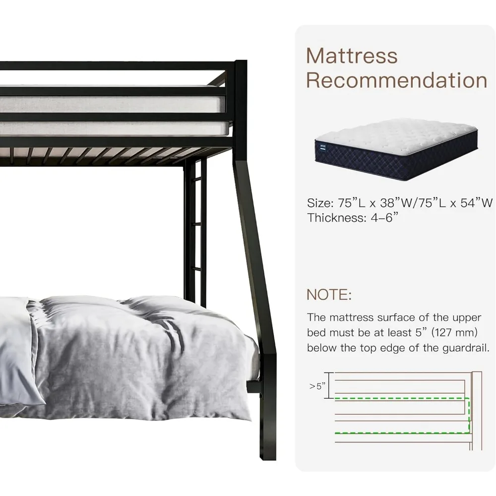 Metal Bunk Bed,Twin Over Full Size Beds with Sturdy Guard Rail & Removable Ladder,Space-Saving/Noise-Free/Matte Black bed frame 4