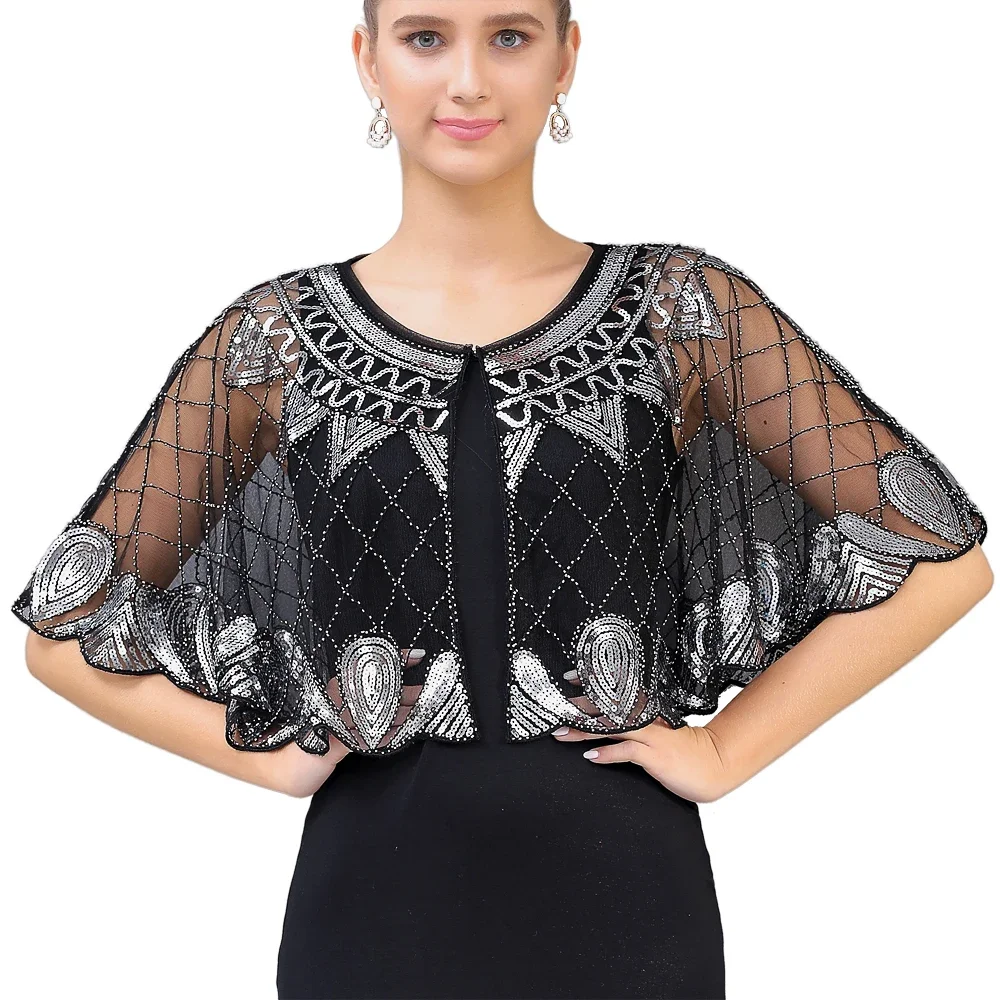 

Women's 1920s Shawl Beaded Sequin Deco Evening Cape Bolero Flapper Cover Up See-through Scalloped Hem Party Shawl