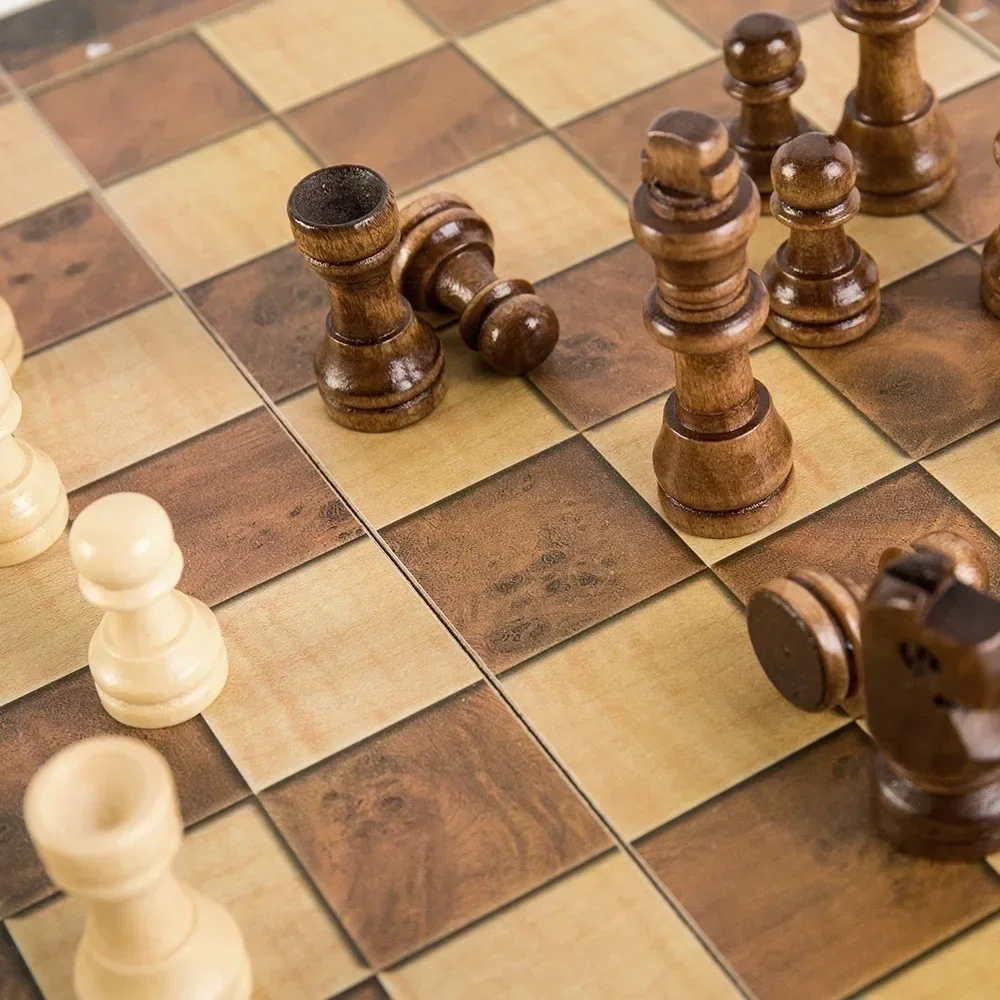 Board Game Toy 3 in 1 Chess Board Folding Wooden Portable Chess Game Board for Adults Chess Checkers Backgammon