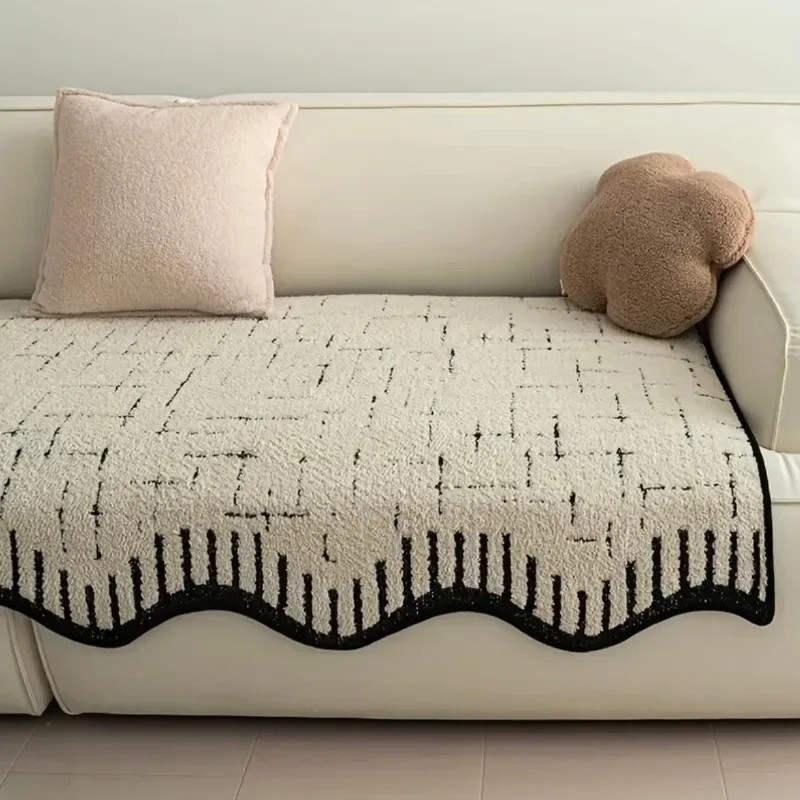 1pc Glam Style T-Cushion Sofa Cover Soft Wave-Edge Autumn/Winter Non-Slip Machine Washable Durable Scratch-Resistant Home Decor