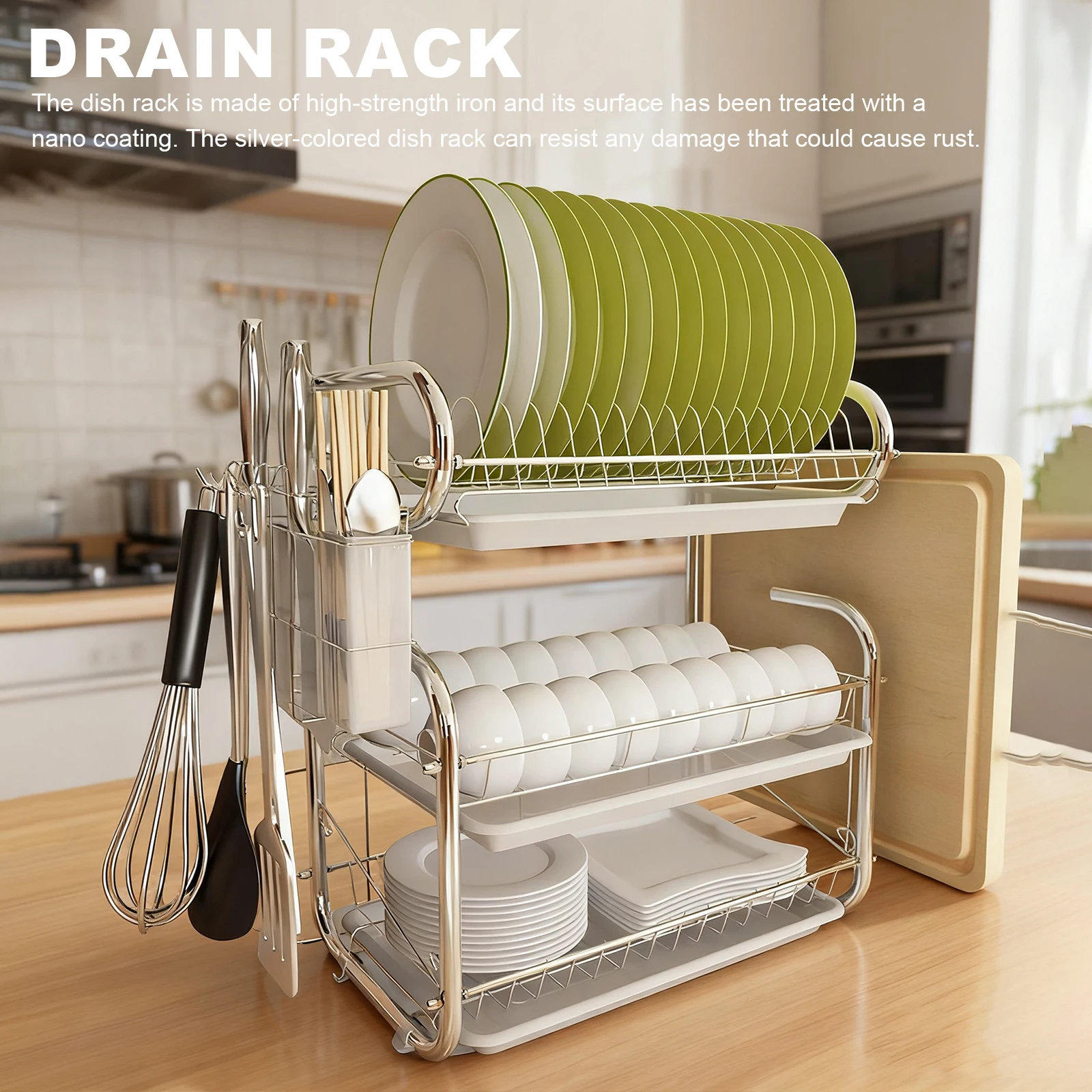 3 Tiers Dish Drainer Large Kitchen Organizer Multifunctional Countertop Dish Drying Rack Drain Rack for Bowls Plates Dishes