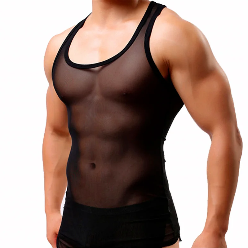 

Sexy Mens Undershirts Mesh See Through Sleeveless T-shirts Slim Fitness Gym Tank Tops Sport Vests Male Underwear Sheer Pajamas