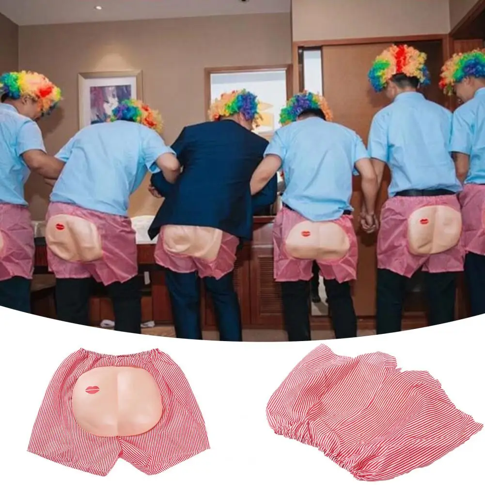 

Stretchy Wedding Game Props Funny Prank Lips Printed Open Butt Shorts Hilarious Game Pants for Weddings Spoof Butt Costume