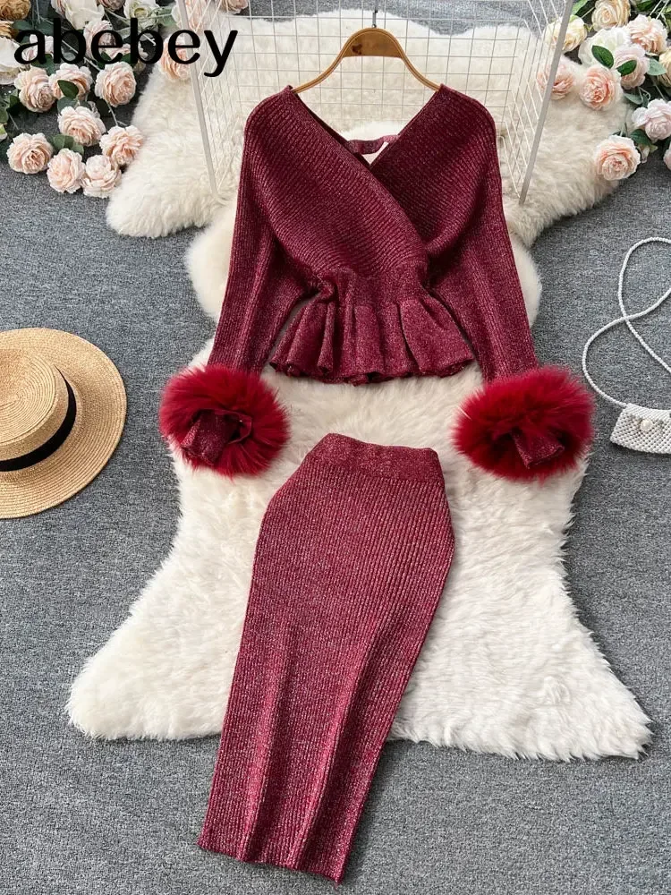 Two Piece Set Women Skirts Long Sleeve Crop Tops+Pencil Skirt 2 Piece Set women Women Sweater+Knitted Skirt Set Winter Suit