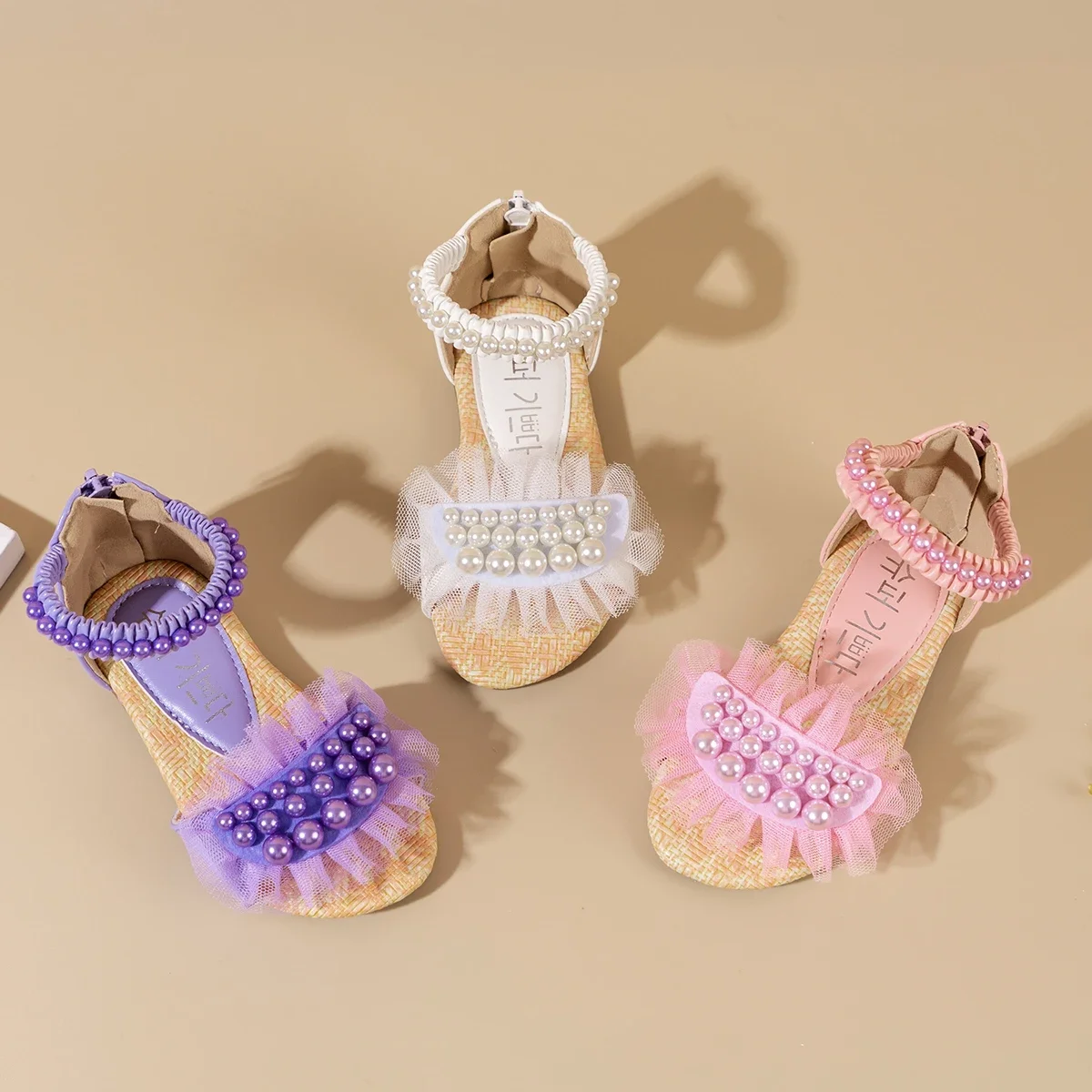 여아용 메쉬 진주 샌들, 여름 플랫 슈즈, 백 지퍼, 여아 비치 슈즈, 휴가용 부드러운 밑창, 편안함 