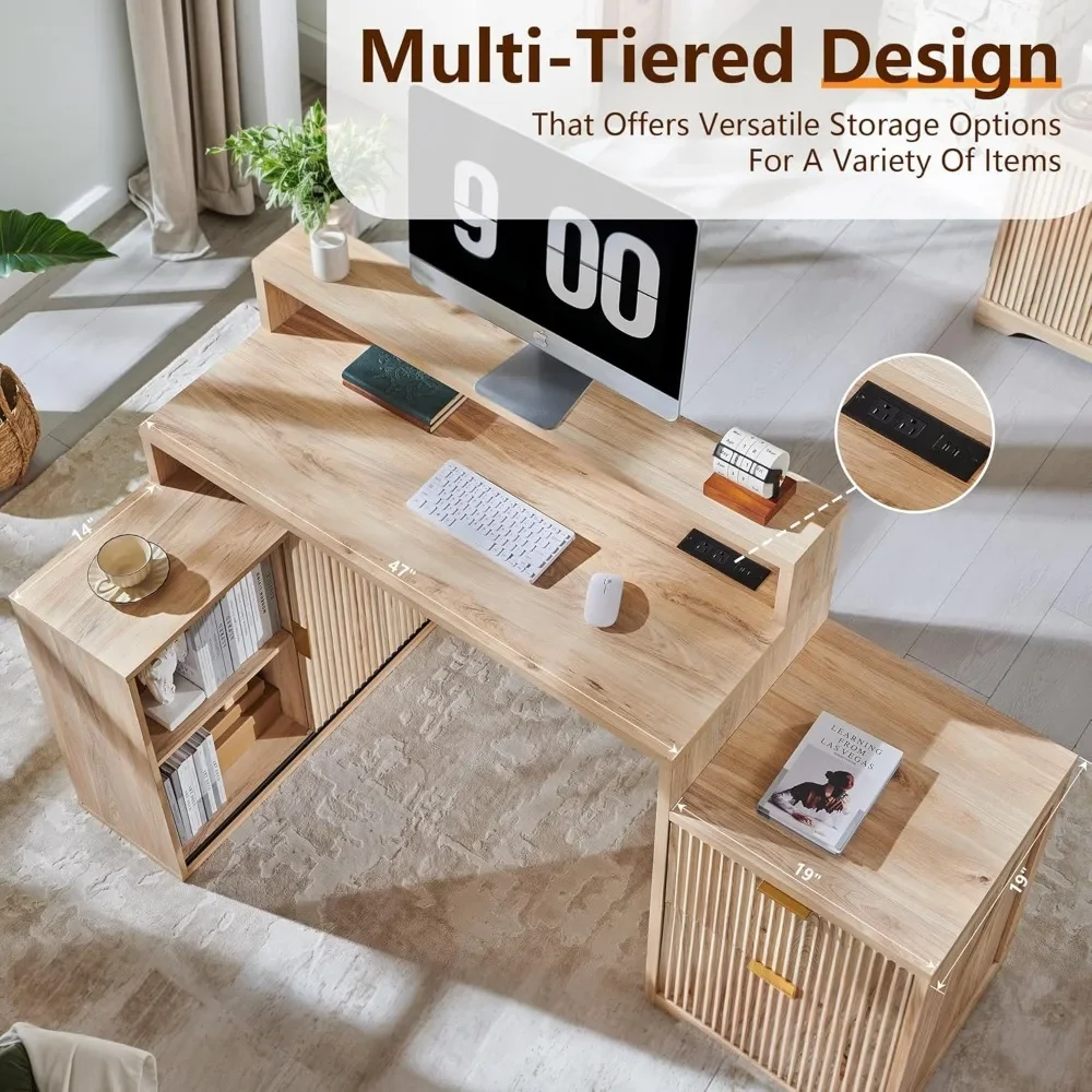 67" Modern L Shaped Desk with Storage Cabinet & Drawers, Wood Home Office Desk with Power Outlets, Fluted Computer Wr 4
