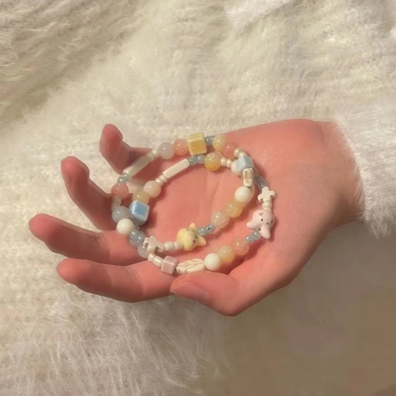 Ceramic Bead Elastic Bracelets Delicate Cute Rabbit Handchain Charming Jewelry Sweet Round Square Bead Bracelets Jewelry