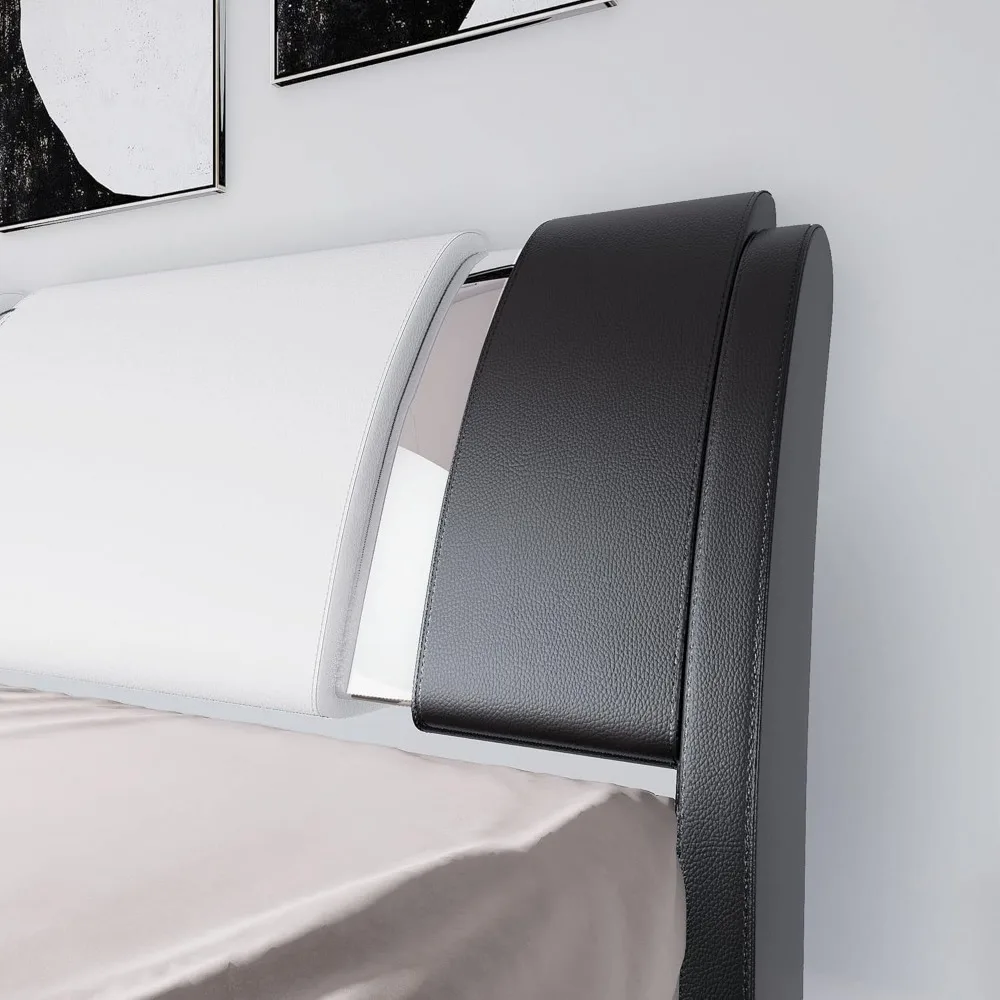 King Size Bed Frame with Iron Piece Decor, Leather Upholstered Platform Beds with Curved Adjustable Headboard, King Bed Frame 4