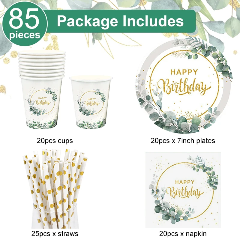 1Set Eucalyptus Happy Birthday Disposable Tableware Paper Plate Cup Napkins Green Leaf Birthday Party Decoration Supplies