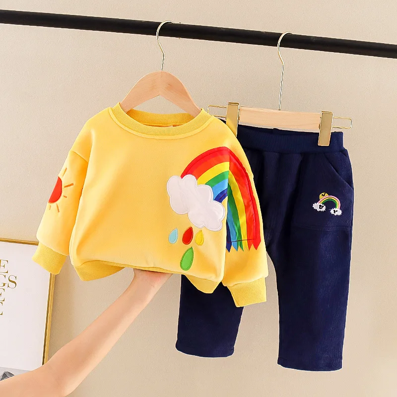 

KEAIYOUHUO Autumn Winter Children Baby Boys Girls Clothes Set Kids Rainbow Printing Thicked Velvet Top+Pants 2Pcs Outfits 0-3Y