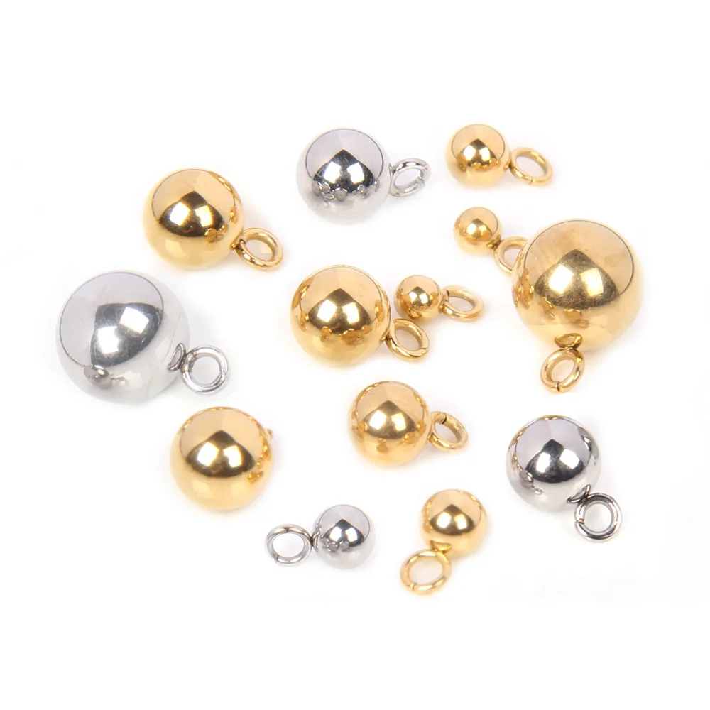 20–50 Stück Edelstahl-Rundkugel-Perlen-Charm, PVD-beschichtet, goldfarben, Tropfenperle mit Schlaufe, passend für Halskette, Armband, Schmuckkomponente