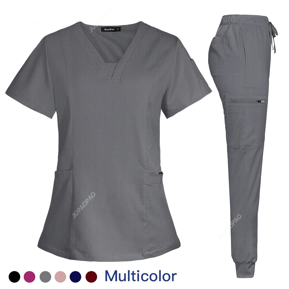 

V-neck Womens Medical Scrubs Set Doctor Nursing Suits Clinical Uniform V Neck Short Sleeved Tops Pants Lab Work Clothes Workwear