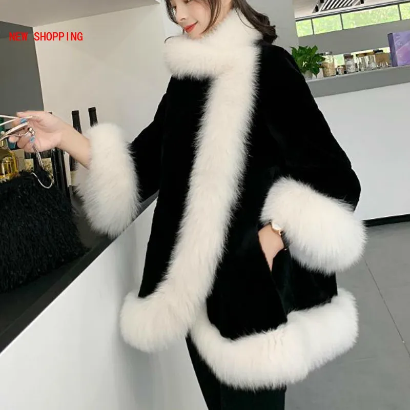 

Black Cape Coat Women Autumn Winter Warm Fur Coats New Luxurious Imitation Mink Velvet Thicken Cloak Overcoat Fur Shawl 2021 New