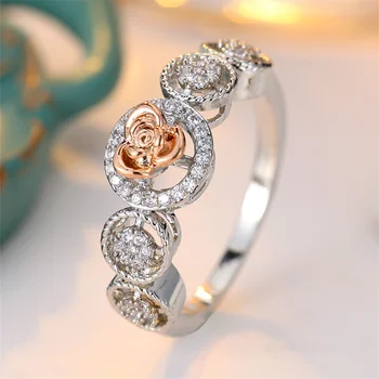 Rose Gold Color Rose Flower White Zircon Rings For Women Vintage Silver Color Wedding Bands Engagement Jewelry Valentine's Gifts