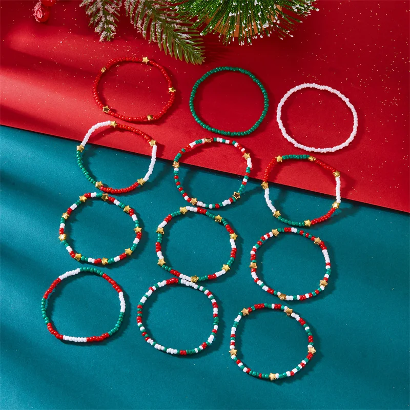 Mehrschichtiges Weihnachtsarmband-Set für Frauen, handgefertigt, rot, grün, Reisperlen, Buchstabe, elastische Armbänder, Weihnachtsfeier, Schmuck, Geschenke – Detail 11