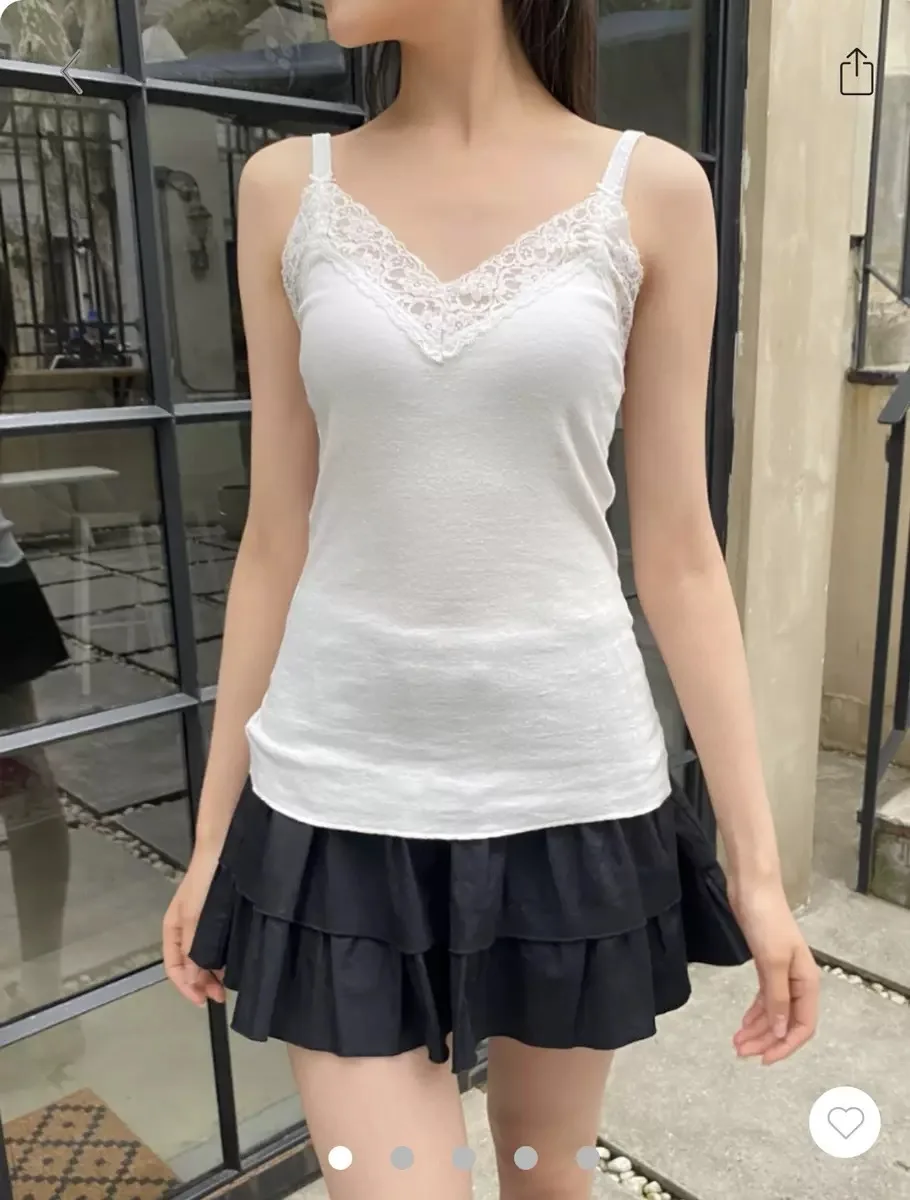 Lace Trim White Sleeveless Tank Tops Women Preppy Style Casual Soft Cotton V-neck Slim Cropped Vests Basic Sweet Cute Camisole