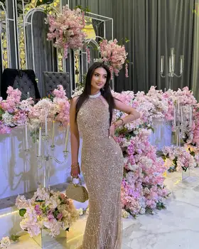 Gorgeous Luxury Crystal Pearls Sexy Beading Slit Arabic Prom Dress