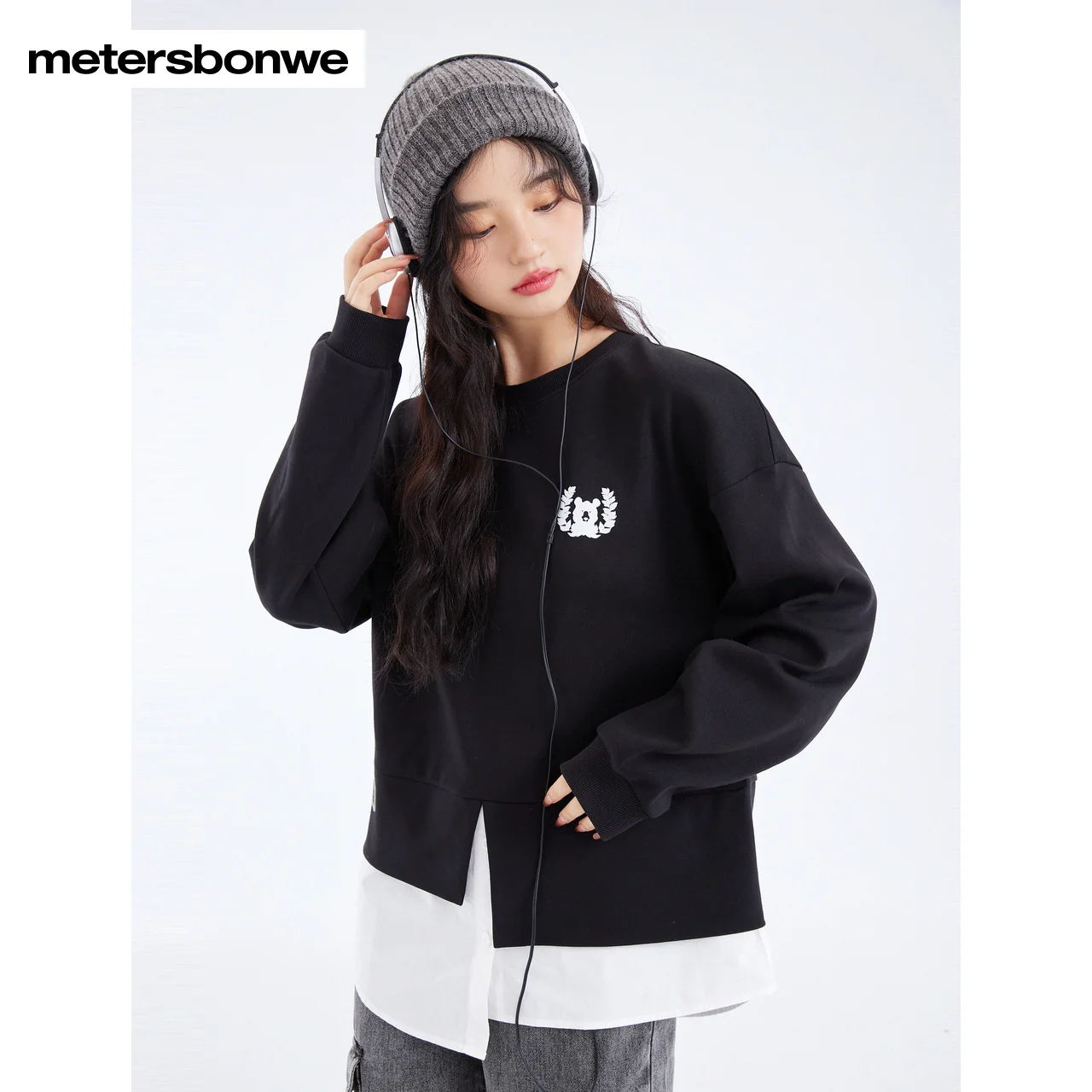Metersbonwe Women's Fashion Irregular Splicing Pullover 100% Cotton  Preppy Style Sweat Shirt Print Loose Spring Autumn Tops