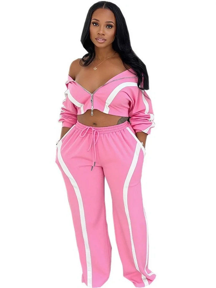 Wmstar Women's Fall and Winter Color Blocking Long Sleeved Cardigan Sporty Two Piece Fashionable Casual Set New Style 2025