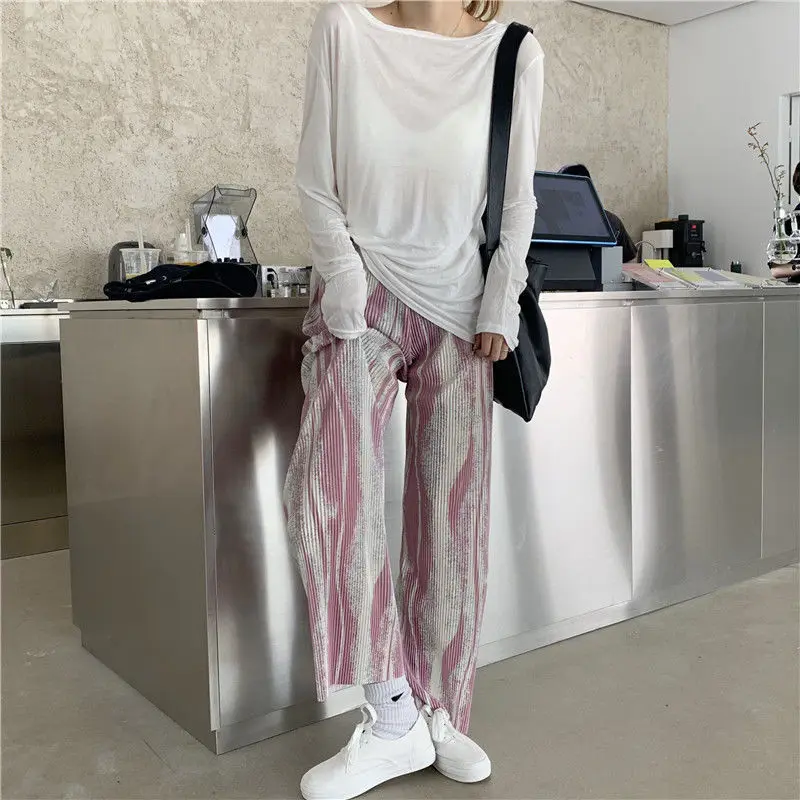 Chic New Dyed Wide Legged Women's 2024 Summer Splicing Fashion Folding Style Casual High Waist Loose Slim Straight Leg Pants