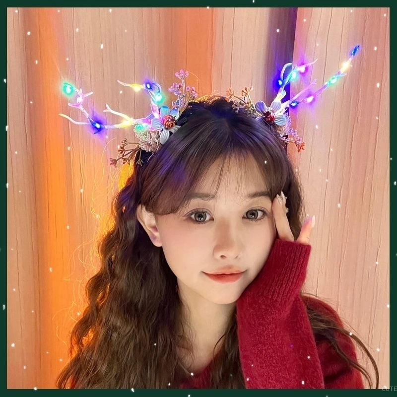 Christmas Headband Christmas Glowing Hair Hoop Led Glowing Deer Ear Hair Accessories Reindeer Band Decoration