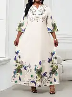 Elegant Floral Maxi Dress for Women, Plus Size V-Neck Bell Sleeve Summer Dress for Wedding Guest or Office - Image 3