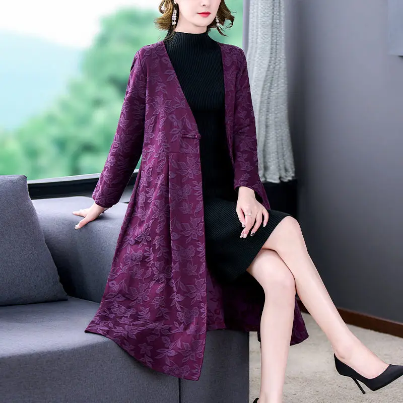 

Жаккардовое пальто из хлопка и льна, с V-образным вырезом и высокой талией, средней длины