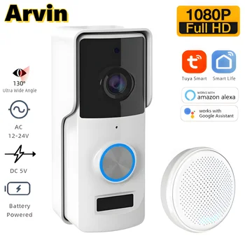 투야 스마트 와이파이 비디오 초인종 카메라, 무선 1080P 야외 방수 유선 AC12V-24V, 4000mAh 배터리 전원, 알렉사 구글 홈