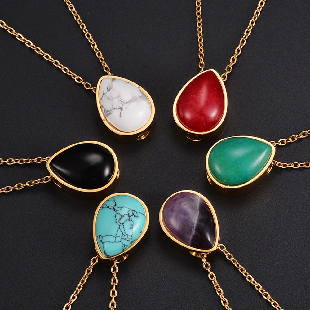 

Gold Color Natural Stone Cremation Necklace for Ashes Stainless Steel Water Drop Urn Pendant Memorial Ash Holder Keepsake