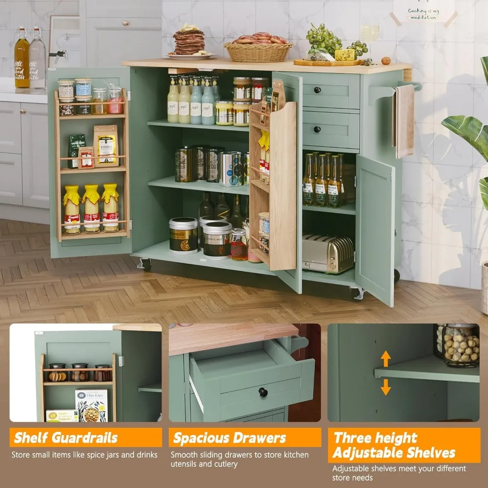 Rolling Kitchen Island with Storage, Drop-Leaf Bar Countertop, Spacious Solid Rubberwood Top, Modern Style 5