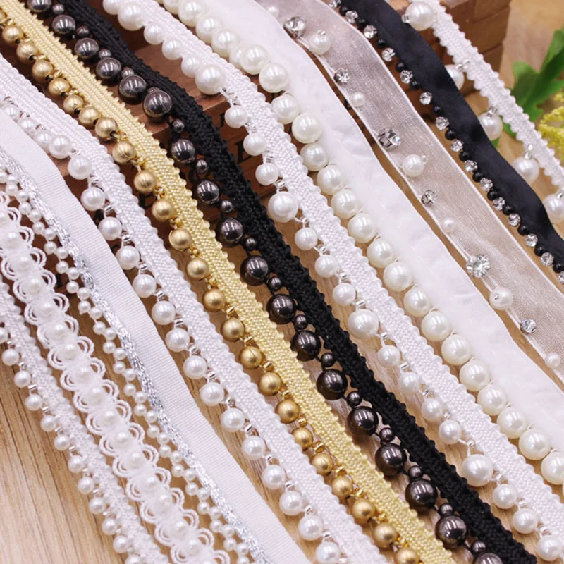 Pearl Lace Edge Trim Ribbon Braided Lace Trimmings Beads Edging Fabric Embroidered Applique Sewing DIY Craft Clothes Decor 1Yard