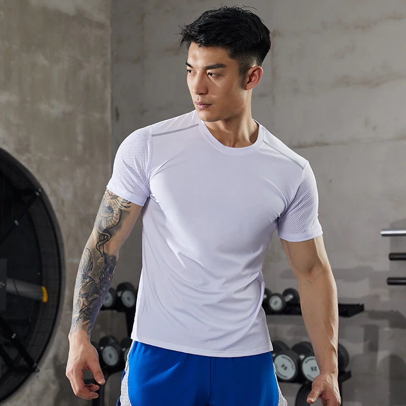 Mens Running Sports t Shirts Gym Fitness Training Spandex Summer Stretch T-shirt Male  Bodybuilding Tee Tops Clothing