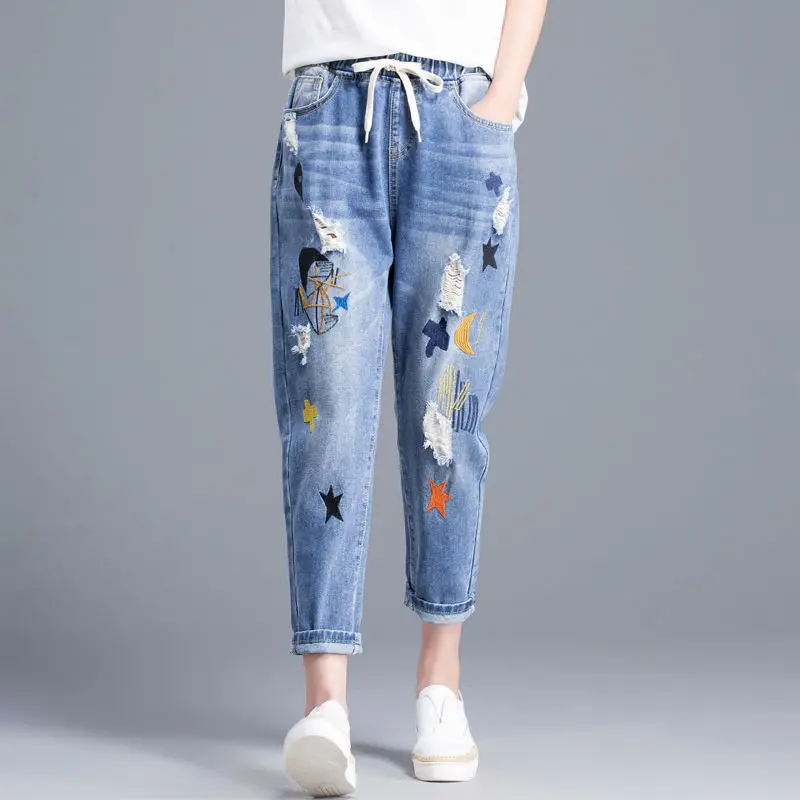 Famous brand jeans Vintage Hole star Embroidery Ankle-length Denim Jeans Female Casual Loose Harem Pant Trousers Cloth white trousers casual solid harem jeans ankle length pants new spring women blue jeans high waist loose denim jeans female