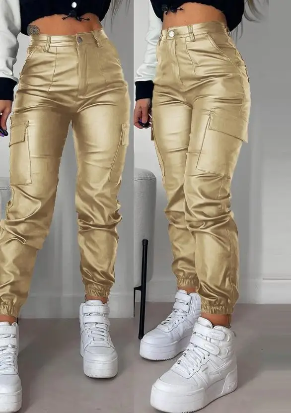 Women's Cargo Pants 2023 Fashion Street Trends Pocket Design Cuffed Y2k Tight PU Leather Trousers Autumn High Waist Pant Female