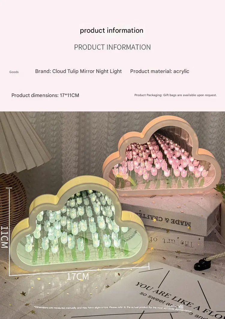 Creative Cloud Tulip Night Light DIY Handmade Mirror Flower Sea Atmosphere Lamp Desktop Decoration Birthday Holiday Gift