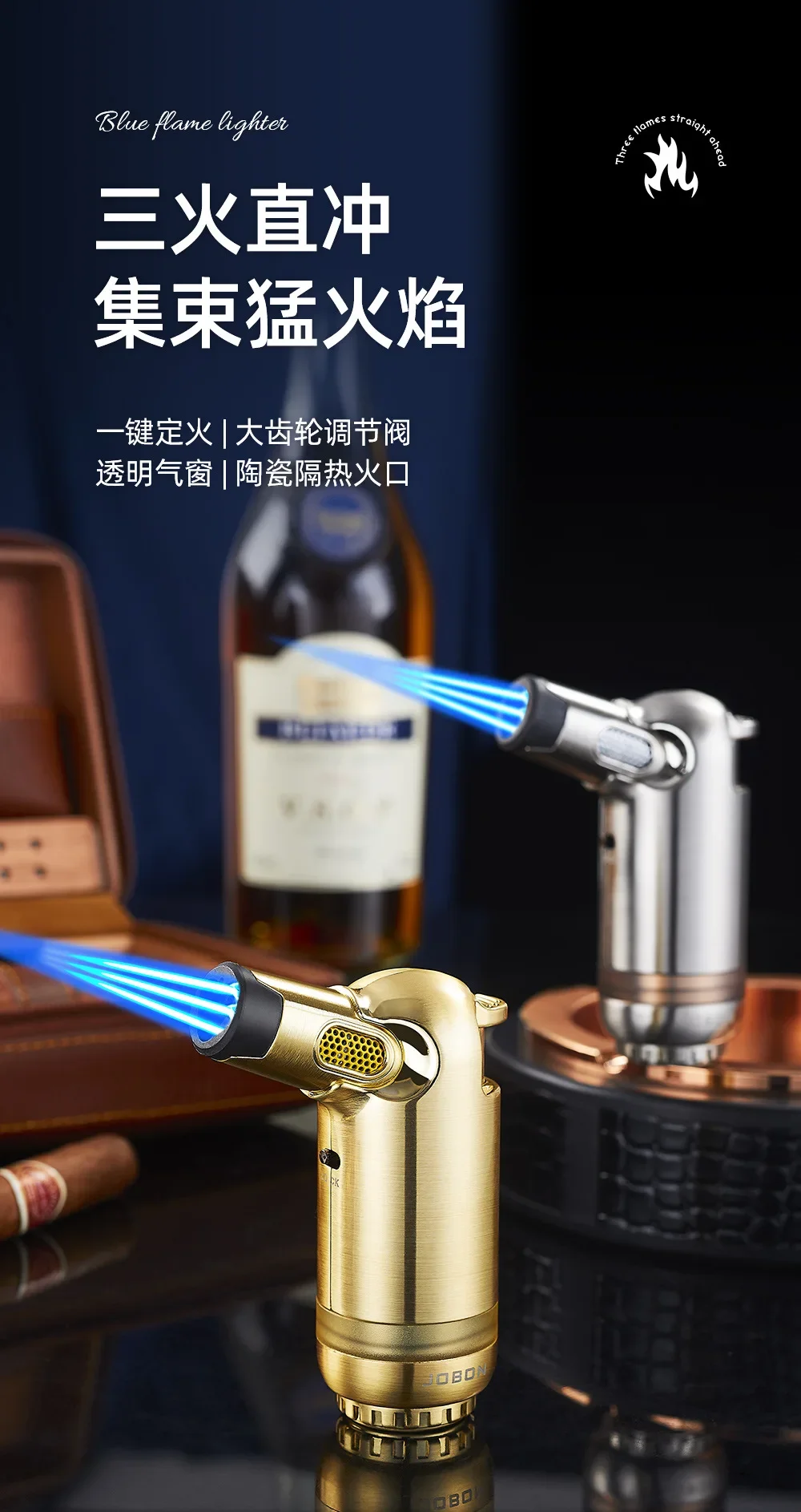 Description Picture 2 of itemJOBON Portable Outdoor Camping BBQ Kitchen Baking Metal Welding Lighter Windproof Cigar Lighter Butane Turbine Torch Lighters