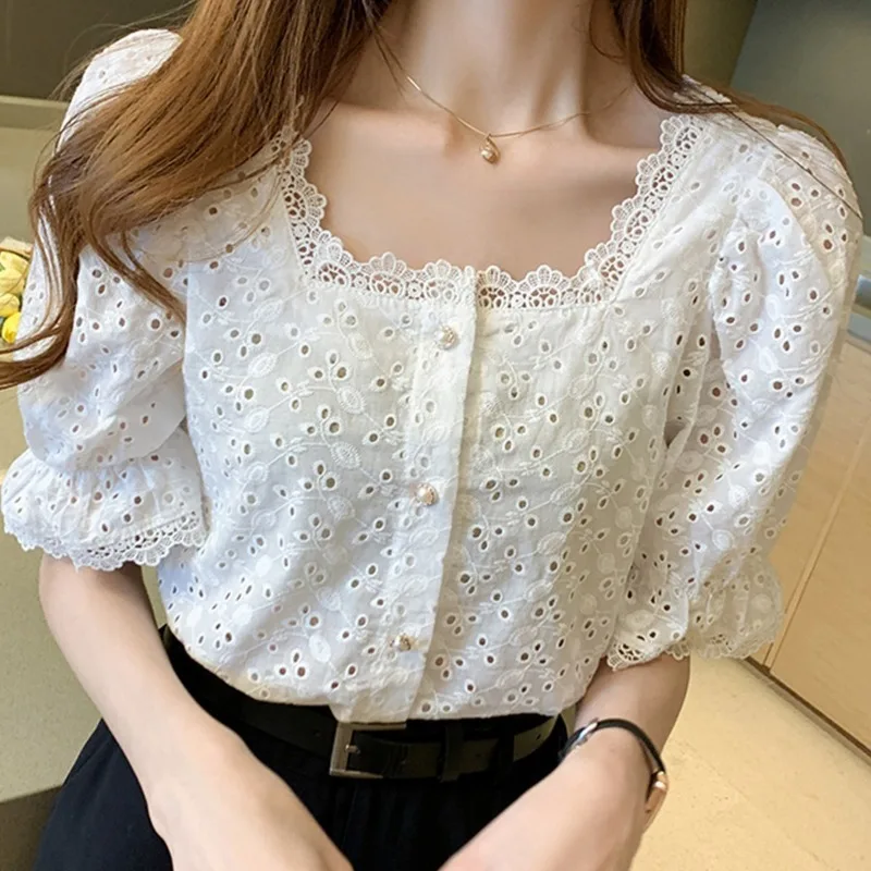 New Fashion Square Neck Lace Women's Button Shirt Hollow Short Sleeve Petal Sleeve Elegant Solid Color Women's Top 13934