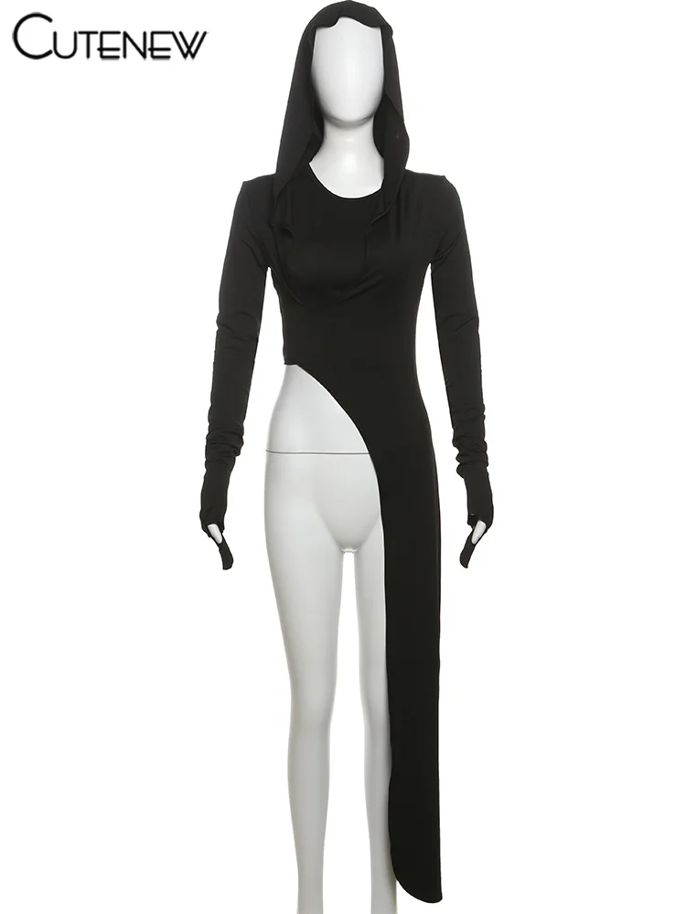 Solid Hooded 2 Piece Tops Women All-matches Classic Lengthen Split Pullover+Crop Tanks Female Fashion Unique Streetwear