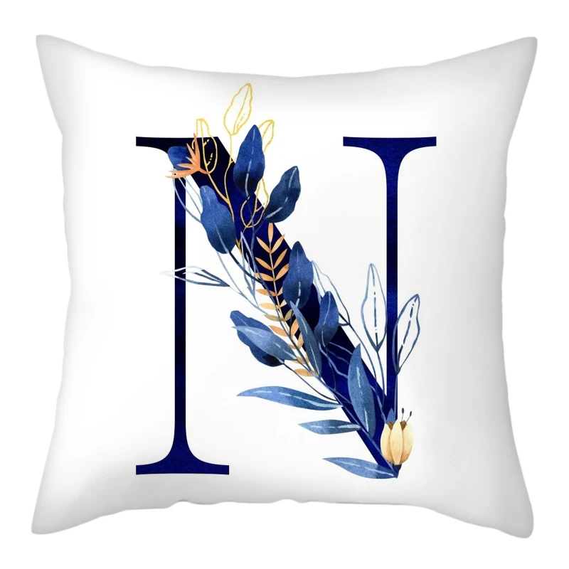Simple Blue Leaf Alphabet Print Cushion Case 26 Letters Decoration Pillows Case Sofa Chair Livingroom Polyester Throw Pillowcase 