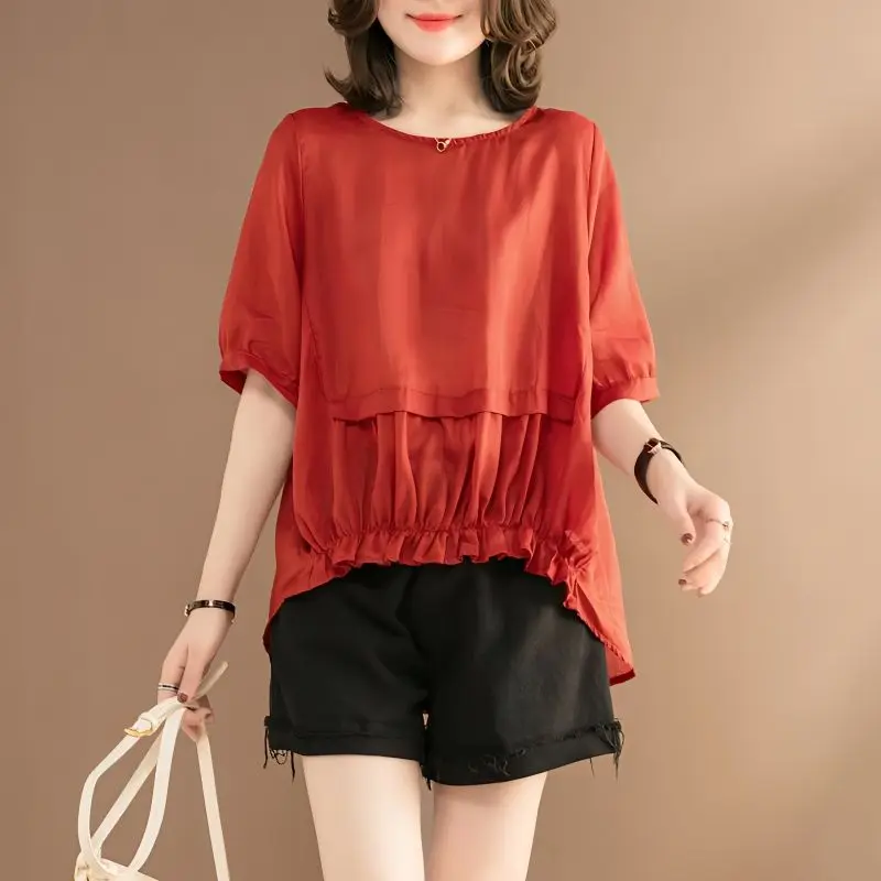 

Футболка женская тонкая однотонная с круглым вырезом, модный Свободный Топ, Повседневная рубашка с коротким рукавом, L81, лето 2024