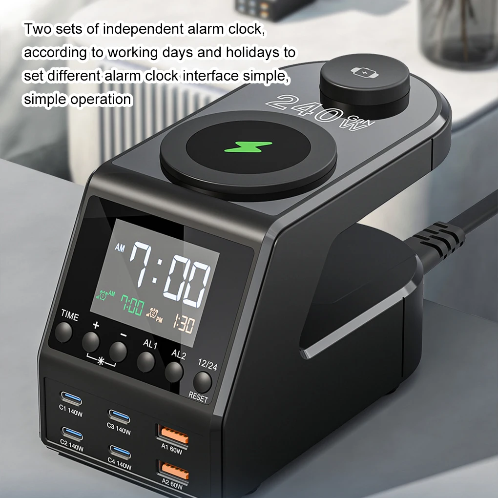 240W Charger Station All-in-one Digital Clock Alarm 4×140W PD3.1 PPS USB Type C Wireless Fast Charger for MacBook iPhone Samsung