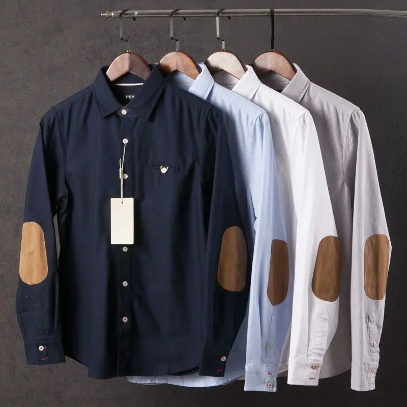 

Spring Men Oxford Retro Shirt Japanese Business Casual Trendy Fashion Loose Tops Male Brand Long-Sleeved Patch Shirts Clothes