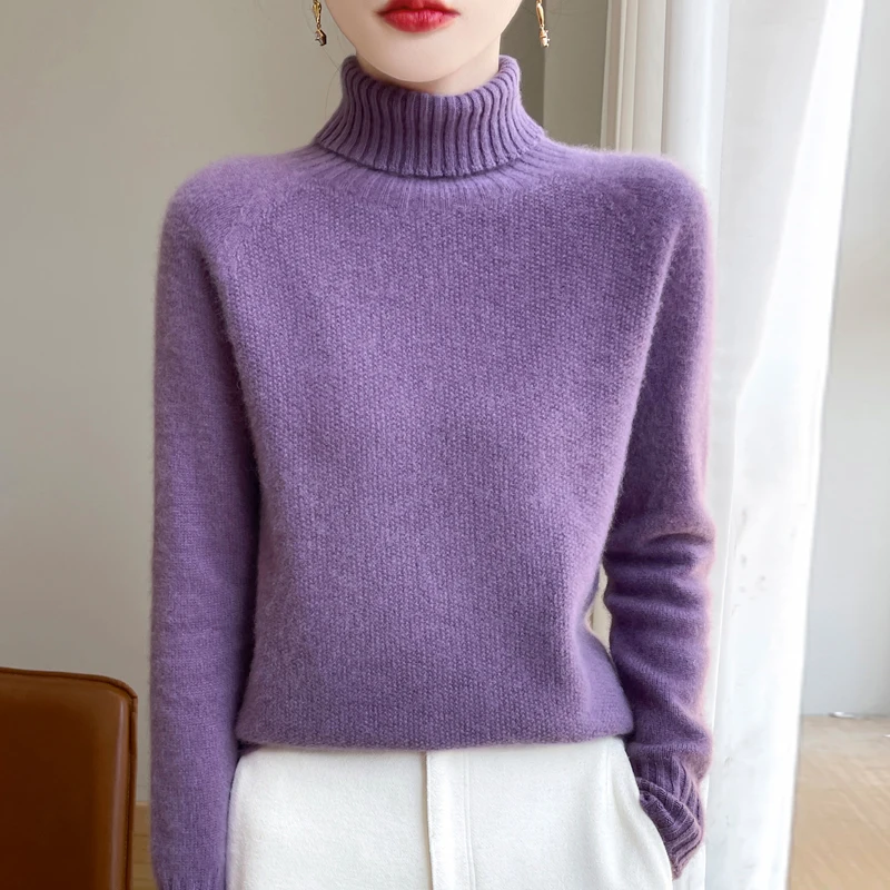 New seamless integration in autumn and winter 100% merino wool sweater women's high lapel loose slim warm knit bottoming sweater 3