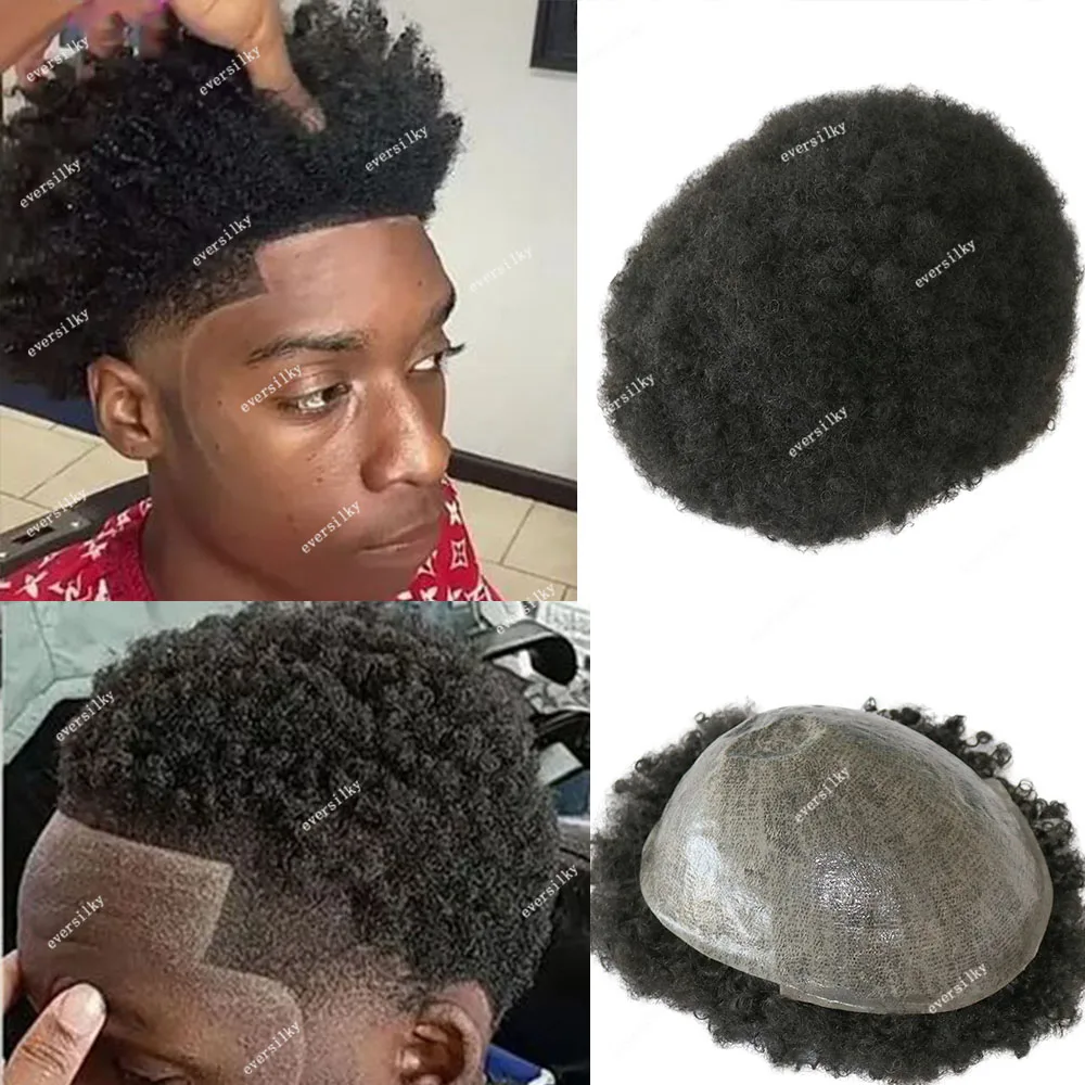 

6mm 10mm Men's Afro Kinky Curly 100% Human Hair Full Thin Skin PU Toupee Full Poly African American Deep Wave Wigs System Unit
