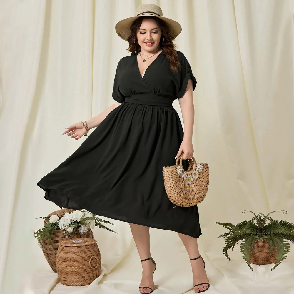 

Women Clothing 2024 Spring Summer New V-neck Waist Flared Sleeve Dress for Women Pullover Solid A-line Skirt