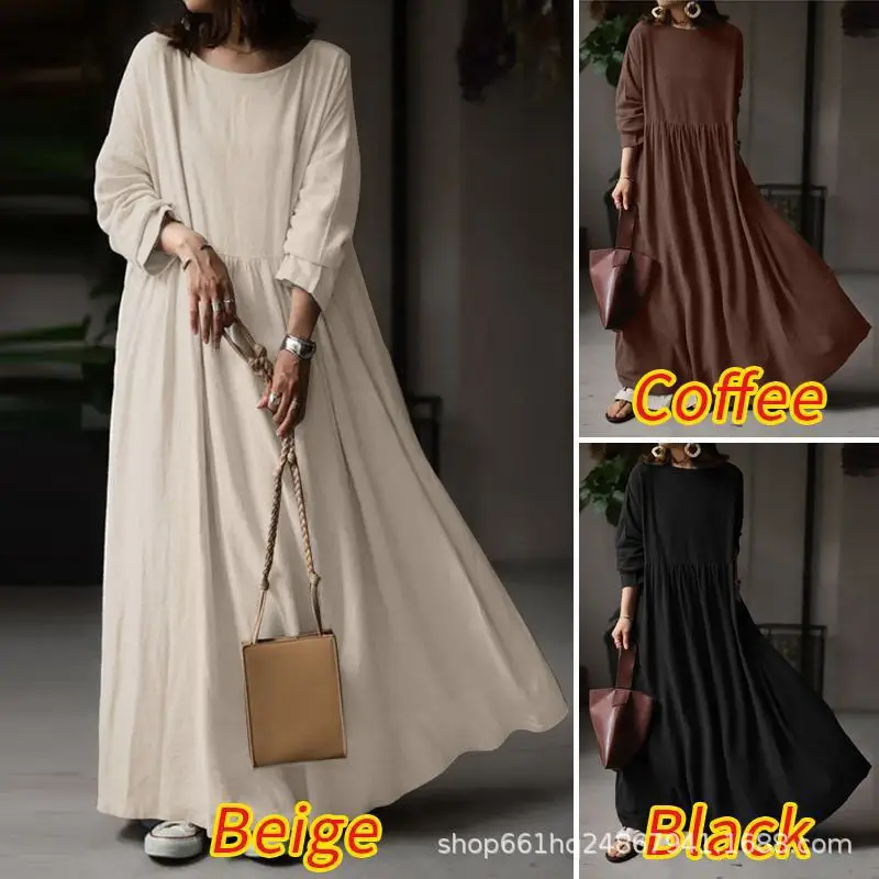 

Women Spring Autumn Dubai Turks Kaftan Abaya Long Dress Retro Fashion Solid Color Simple Cotton Linen Dress Muslim Robe Vestidos