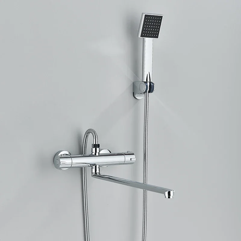 

Bathroom Thermostatic Bathtub Faucet 360° Rotate Long Spout Outlet Wall Mounted Shower Mixer Tap With ABS Handshower